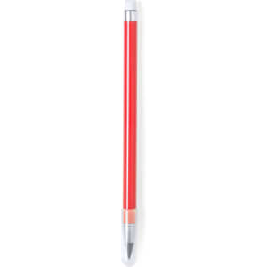 A red pencil with a silver tip and a clear grip section, featuring a logo on the barrel.