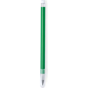 A green pencil with a transparent cap and silver details, featuring a branding logo.