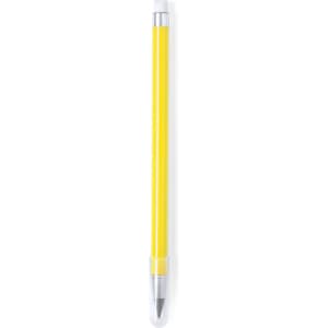A yellow pencil with a silver tip and branding on the barrel, designed for writing.