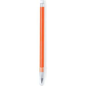 An orange grey-lead pencil with a clear tip and metallic accents, featuring a branding logo.