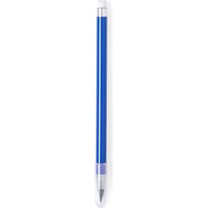 A blue pencil with a silver tip and end, featuring a clear branding logo.