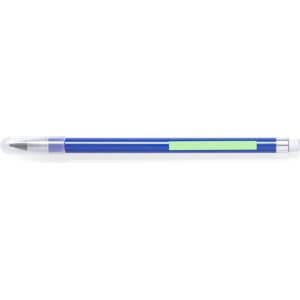 A blue pencil with a green accent and a silver tip, featuring a logo on the side.