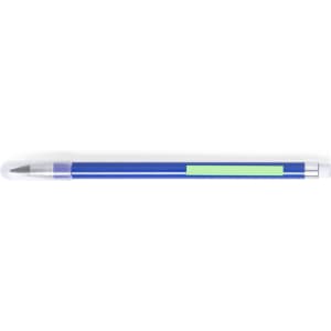 A blue pencil with a clear body and a green accent, featuring a silver tip and branding.