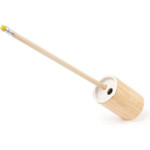 A wooden pencil sharpener featuring a cylindrical body and a yellow pencil inserted into it.