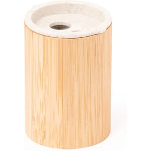 A cylindrical pencil sharpener in natural wood with a marble top and a single sharpening hole.