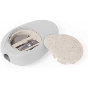 A grey pencil sharpener with a removable lid, featuring a single sharpening blade inside.