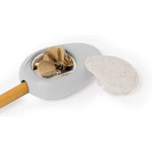 A grey pencil sharpener with a wooden handle, featuring a removable white lid for easy waste disposal.