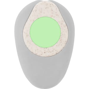 A pencil sharpener in grey with a light-coloured centre. It features a logo on its surface.