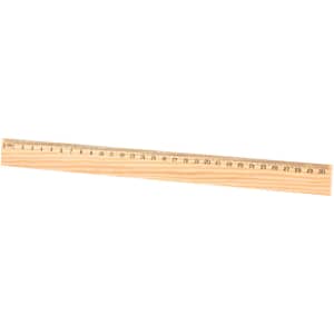 A wooden ruler in a light brown colour, marked with measurements up to 30 centimetres. It features a branding logo.