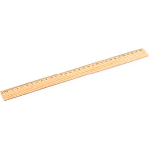 A wooden ruler in a light brown colour, featuring measurement markings along its length.