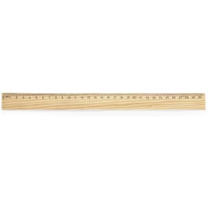 A wooden ruler with measurement markings in centimetres, featuring a natural wood finish and a logo.