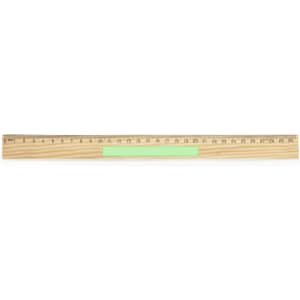 A wooden ruler with a light green centre, featuring metric measurements along its length.