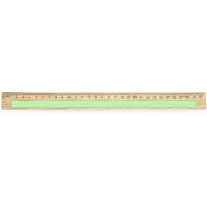 A wooden ruler with a mint green centre and clear measurements marked along its length. It features a logo.