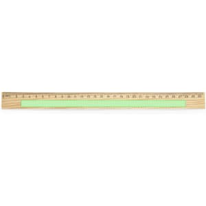 A wooden ruler in a light green colour with measurement markings, featuring a branding logo.