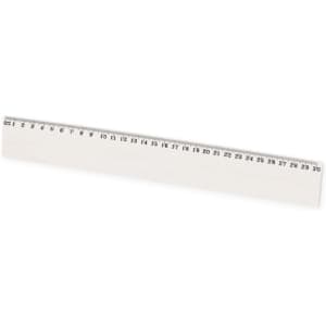A ruler in white, featuring metric and imperial measurements along its length. It has a small branding logo.