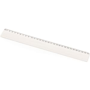 A white ruler with measurement markings from 1 to 30, featuring a logo on one side.