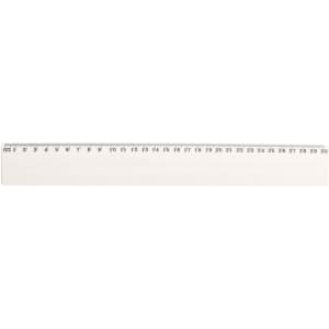 A clear plastic ruler with metric measurements up to 30 cm, featuring a simple design and a logo.