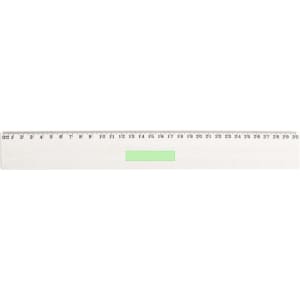 A ruler with a white body and a green section, featuring measurement markings along one edge. It has a logo.