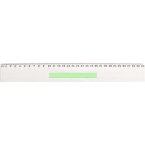 A transparent ruler in white with green accents, featuring measurement markings on one edge and a logo.