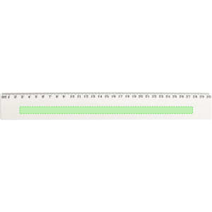 A transparent ruler with a green centre strip, marked with measurements in centimetres. It features a logo.
