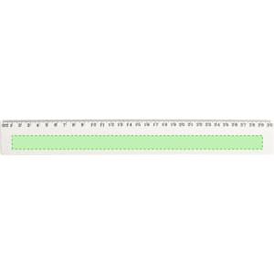 A clear ruler with a green centre and measurement markings in black along the edges, featuring a logo.