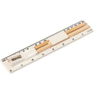 A wooden pencil and a sharpened pencil housed in a clear, white pencil case with measuring marks.