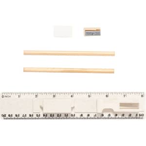 A wooden pencil set with two pencils, a sharpener, an eraser, and a ruler, all arranged neatly.