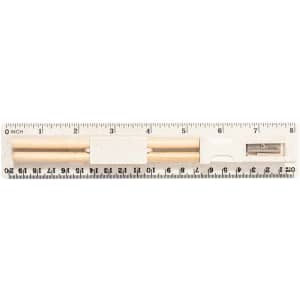 A wooden ruler with both centimetre and inch markings, featuring a simple design and a small logo.