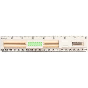 A gold writing instrument on a clear ruler, featuring a sharpener at one end and a branding logo.