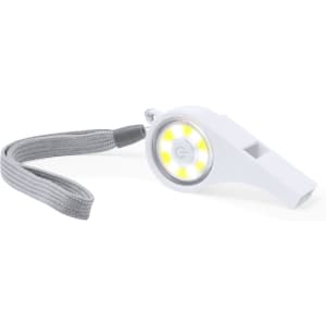 A white Pincher Whistle featuring a built-in light and a grey lanyard for easy carrying.
