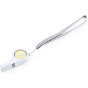 A whistle in white with a yellow accent, featuring a grey lanyard for easy attachment. It includes a logo on the body.