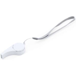 A white Pincher Whistle keyring tool with a grey strap. It features a circular design and a logo.