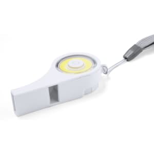 A white whistle with a circular light component and a grey strap. It features a logo on the side.