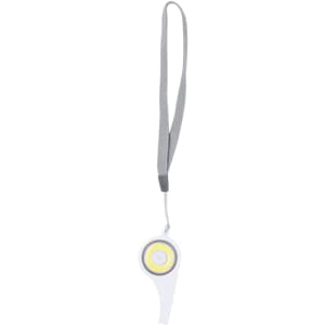 A white and grey Pincher Whistle keyring with a circular light at the end, featuring a lanyard for attachment.