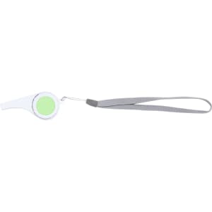 A keyring tool in white with a grey strap and a green button. Includes a logo on the design.