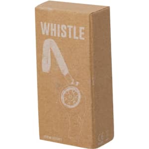 A cardboard box containing a whistle with a lanyard. The packaging is brown with white graphics and text.
