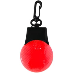A red round security light with a black clip for attaching to bags or belts. It features a textured surface.