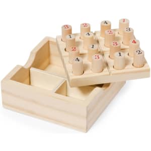 A wooden puzzle game featuring numbered pegs and a removable lid, showcasing natural wood tones and a simple design.