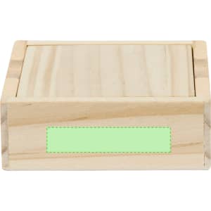 A wooden box with a smooth surface and a sliding lid, featuring a blank label for customisation.