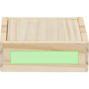 A wooden box with a natural finish and a plain green label area, suitable for storage or crafting.