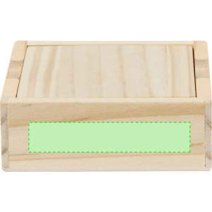 A wooden box with a smooth surface and a light wood finish, featuring a blank green label area.