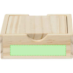 A wooden box in a light natural finish, featuring a slot for cards or game pieces and a plain green label area.