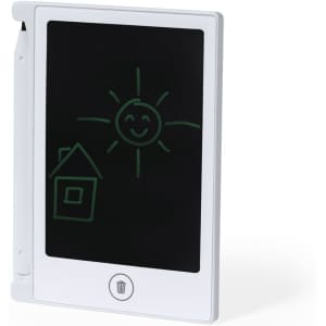 An LCD writing tablet in white with a black screen displaying a green drawing of a sun and a house.