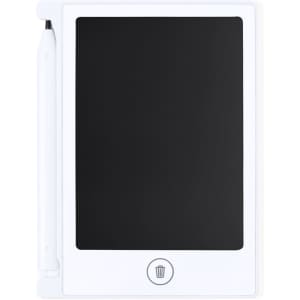 A white LCD writing tablet with a black screen and a stylus attached on the side.