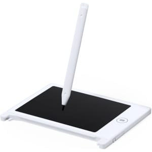 A white LCD writing tablet with a black screen, featuring a stylus resting on the display.