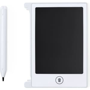 A white LCD writing tablet featuring a black screen and a white stylus beside it, with a logo on the device.