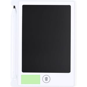 A white LCD writing tablet with a black screen and a stylus attached, featuring a green icon area for notes.