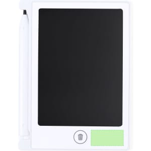 A white LCD writing tablet with a black screen and a stylus attached, featuring a green section and a logo.