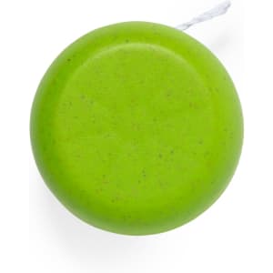 A vibrant green yoyo with a smooth surface and a string attached, featuring a branding logo.