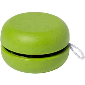 A green yoyo with a smooth finish, featuring a string attached for play. It has a simple, rounded design.